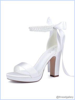 Platform Heels Wedding Shoes for Bride Pearl Open Toe Satin Bridal